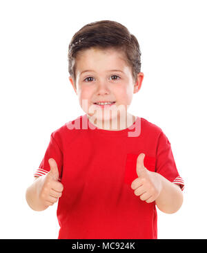 Funny small child saying Ok isolated on white background Stock Photo