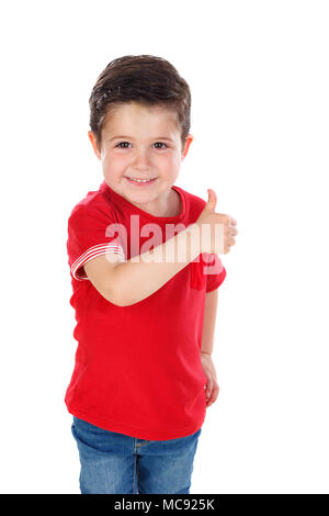 Funny small child saying Ok isolated on white background Stock Photo