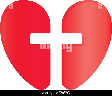 Christian symbol, cross negative space silhouette in red heart, vector concept icon. Religion logo, Gods help, care, faith logotype. Stock Vector