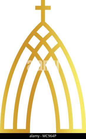 Church abstract minimalistic golden logo on white background. Outline religion vector logotype. Christian faith symbol. Stock Vector