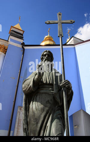 Statue of St. Michael in front of the St. Michael's Golden-Domed Cathedral on the grounds of the St. Michael's Golden-Domed Monastery in Kyiv, Ukraine Stock Photo