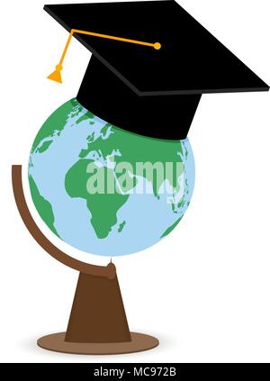 Higher education college university. Globe in cap. Education and study, graduate degree college, vector illustration Stock Vector