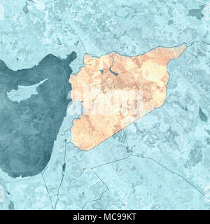 Map of Syria and borders, physical map Middle East, Arabian Peninsula, reliefs and mountains and Mediterranean Sea. Map on parchment. Hand drawn Stock Photo