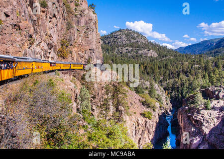 Durango and Silverton Narrow Gauge Railroad train going aroung Horseshoe Curve going north from Durango to Silverton, Colorado.