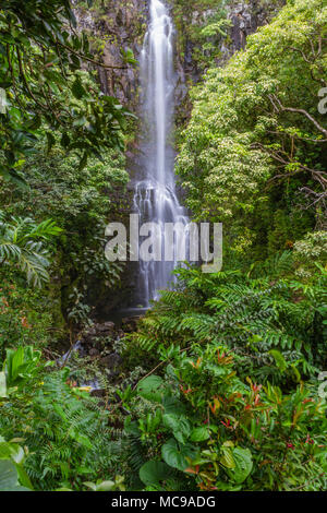 Wailua Falls is just past mile marker 45 on the Road to Hana on the island of Maui in Hawaii. Stock Photo