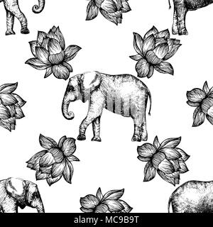 Seamless pattern of hand drawn sketch style lotus flowers and elephants isolated on white background. Vector illustration. Stock Vector