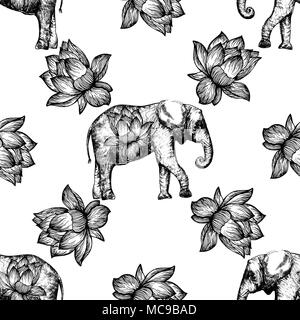 Seamless pattern of hand drawn sketch style lotus flowers and elephants isolated on white background. Vector illustration. Stock Vector