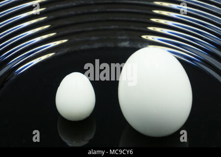 Big ostrich egg and chicken egg in glasses on table Stock Photo