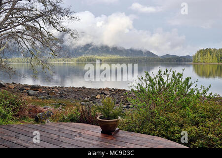 Meare's Island from a beach in Tofino on the Clayoquot Sound on the West Coast of Vancouver Island in British Columbia, Canada. Stock Photo