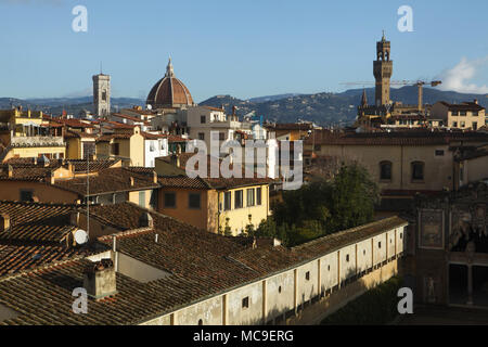 Campanile di Giotto (Giotto's Campanile) and the Florence Cathedral (Cattedrale di Santa Maria del Fiore) and the Palazzo Vecchio (from left to right) pictured from a window of the Palazzo Pitti in Florence, Tuscany, Italy. Stock Photo