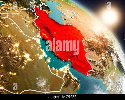 Sunset above Iran from space on planet Earth with visible country borders. 3D illustration. Elements of this image furnished by NASA. Stock Photo