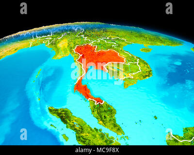 Satellite view of Thailand highlighted in red on planet Earth with borderlines. 3D illustration. Elements of this image furnished by NASA. Stock Photo