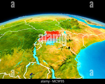 Satellite view of Uganda highlighted in red on planet Earth with borderlines. 3D illustration. Elements of this image furnished by NASA. Stock Photo