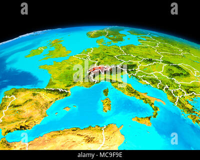 Satellite view of Switzerland highlighted in red on planet Earth with borderlines. 3D illustration. Elements of this image furnished by NASA. Stock Photo