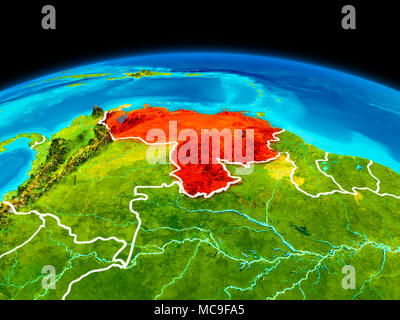 Satellite view of Venezuela highlighted in red on planet Earth with borderlines. 3D illustration. Elements of this image furnished by NASA. Stock Photo
