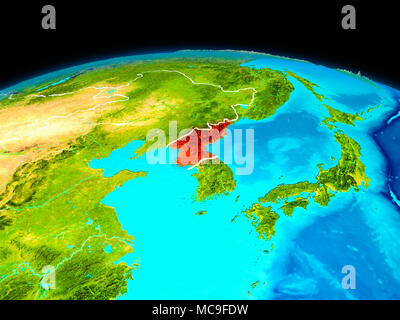 Satellite view of North Korea highlighted in red on planet Earth with borderlines. 3D illustration. Elements of this image furnished by NASA. Stock Photo