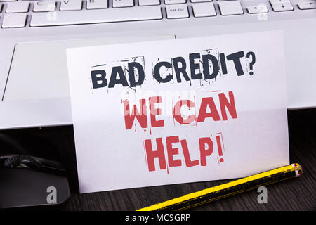 Text sign showing Bad Credit Question We Can Help Motivational Call. Conceptual photo achieve good debt health written White Sticky Note Paper placed  Stock Photo