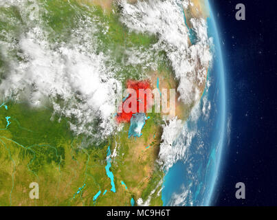 Space view of Uganda highlighted in red on planet Earth with atmosphere. 3D illustration. Elements of this image furnished by NASA. Stock Photo