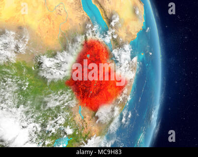 Space view of Ethiopia highlighted in red on planet Earth with atmosphere. 3D illustration. Elements of this image furnished by NASA. Stock Photo