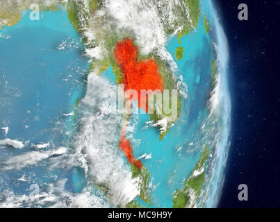 Space view of Thailand highlighted in red on planet Earth with atmosphere. 3D illustration. Elements of this image furnished by NASA. Stock Photo