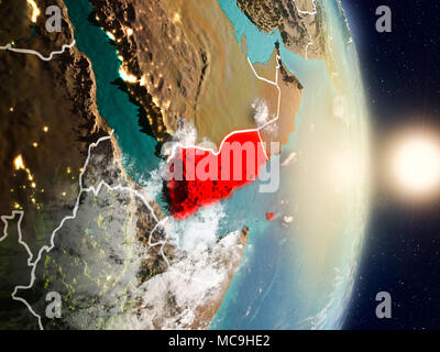 Yemen during sunrise highlighted in red on planet Earth with visible ...