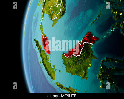 Evening over Malaysia as seen from space on planet Earth with visible border lines and city lights. 3D illustration. Elements of this image furnished  Stock Photo