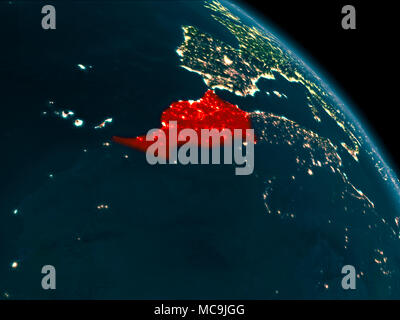 Orbit view of Morocco at night highlighted in red on planet Earth with highly detailed surface textures. 3D illustration. Elements of this image furni Stock Photo