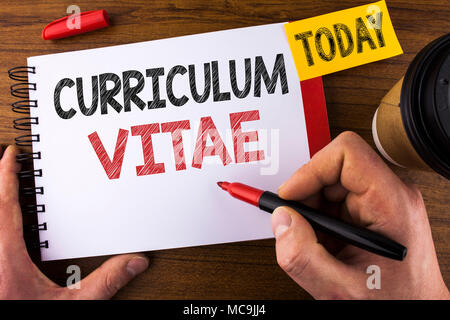Conceptual hand writing showing Curriculum Vitae. Business photo text Resume preparation design template opportunity recruitment written by Man Notepa Stock Photo