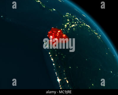 Orbit view of Ecuador at night highlighted in red on planet Earth with highly detailed surface textures. 3D illustration. Elements of this image furni Stock Photo