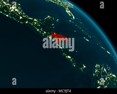 Orbit view of Honduras at night highlighted in red on planet Earth with highly detailed surface textures. 3D illustration. Elements of this image furn Stock Photo