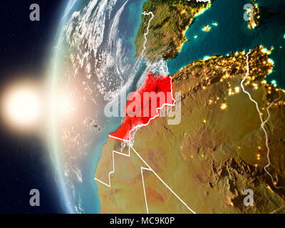 Satellite view of Morocco highlighted in red on planet Earth with clouds and visible country borders during sunset. 3D illustration. Elements of this  Stock Photo