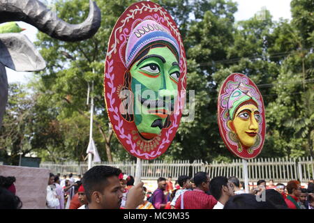 Dhaka, Bangladesh. 13th Apr, 2018. Bangladeshi people caries mask as they participate in a colorful parade to celebrate the first day of the Bengali New year known as Pohela Boishakh in Dhaka. Credit: Md. Mehedi Hasan/Pacific Press/Alamy Live News Stock Photo
