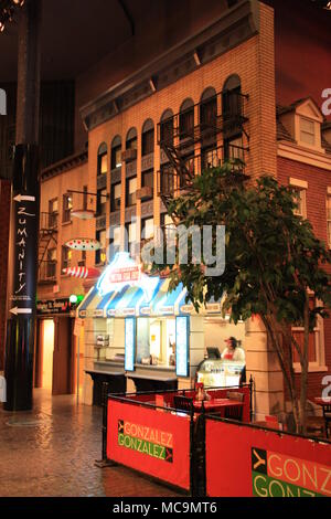 Interior view of the artificial NYC cityscape with a fast food restaurant inside the New York-New York Hotel and Casino, Las Vegas, NV, USA Stock Photo