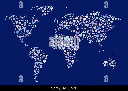 Abstract colored heart or love on world map shape pattern. Good for web page, wallpaper, graphic design, catalog, texture or background.No overlaping. Stock Vector