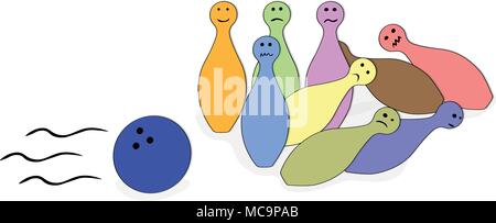 Vector Illustration Bowling pins are scared of the bowling ball, funny concept of the game Stock Vector