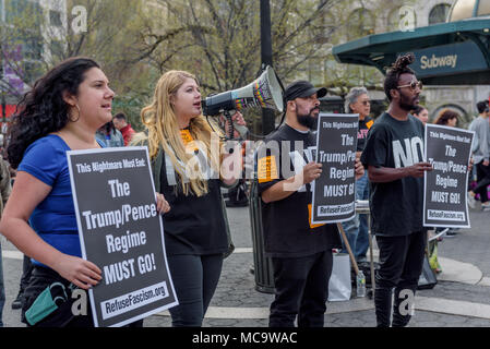 New York, United States. 14th Apr, 2018. Members of Refuse Fascism called for an emergency protest in Union Square park on April 14, 2018, in the wake of the recent attack on Syria by the U.S., Britain, and France. Credit: Erik McGregor/Pacific Press/Alamy Live News Stock Photo