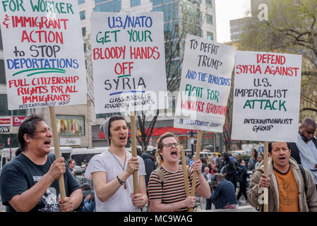 New York, United States. 14th Apr, 2018. Members of Refuse Fascism called for an emergency protest in Union Square park on April 14, 2018, in the wake of the recent attack on Syria by the U.S., Britain, and France. Credit: Erik McGregor/Pacific Press/Alamy Live News Stock Photo