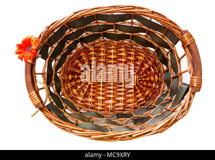 Empty handmade wooden basket on white background. Stock Photo