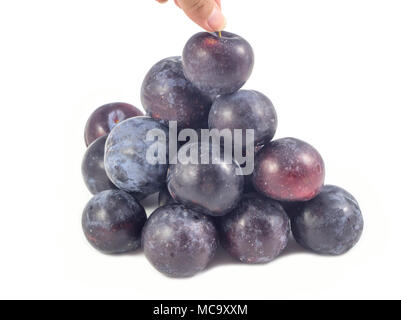 Sweet plum, prunes isolated on white background, Group of plums, prunes with leaf isolated on a white background. Fresh of plum, prunes fruit that hel Stock Photo