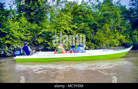 Kinabatangan, Malaysia - 09 May 2013 : Tourists on a boat cruise along the river of Kinabatangan, some of the most diverse concentration of wildlife i Stock Photo