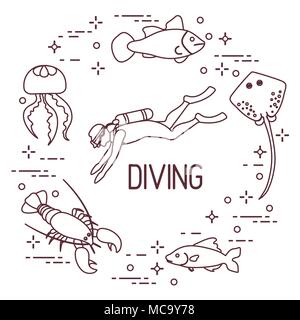 Diver, jellyfish, lobster, stingray, fish. Sports and recreation theme ...