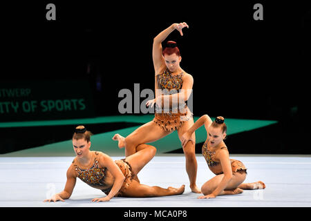 Antwerp, Belgium, 14 April 2018. The Australia Women's Team performs Women's Group during the 26th World Championships Acrobatics Gymnastics 2018 at Lotto Arena on Saturday, 14 April 2018. A Credit: Taka Wu/Alamy Live News Stock Photo