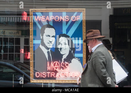 London UK. 14th April 2018. 'Weapons of Mass Distraction  artwork by Mark Sloper showing Portraits  of Kate and William The Duke and Duchess of Cambridge hang from the window of an art  gallery  in West London Credit: amer ghazzal/Alamy Live News Stock Photo