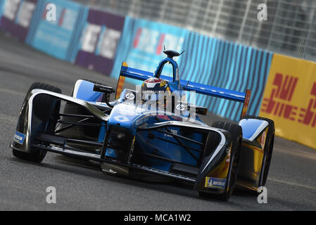 Sebastien Buemi of Renault e.dams Team runs during the free practice of FIA Rome E-Prix, the first Formula E race in Italy. Stock Photo