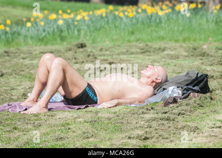 London, UK. 14 April 2018.A man sunbathes in Hyde Park  in the spring sunshine as  warmer temperatures are forecast over the weekend and next week across many parts of Britain Credit: amer ghazzal/Alamy Live News Credit: amer ghazzal/Alamy Live News Stock Photo