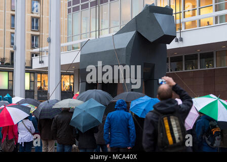 13 April 2018, Germany, Dresden: The artwork 'Trojanisches Pferd' (lit. Trojan horse) is in front of the Kulturpalast (lit. culture palace). It is from the association 'ProMitsprache' (lit. ForCodetermination), a citizens' group, which critisizes the immigration of refugees. The controversial installation is meant to be presented in the city until 16 April. Photo: dpa-Zentralbild/dpa Stock Photo