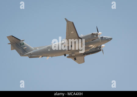 Jubail, Saudi Arabia, 14th Apr, 2018. Photo taken on April 14, 2018 shows an aircraft during a ceremony show for the 'Gulf Shield Joint Exercise-1' in eastern Saudi Arabia. Troops from 25 countries performed a live-ammunition drill in eastern Saudi Arabia on Saturday, one day before the 29th Arab League Summit. Credit: Meng Tao/Xinhua/Alamy Live News Stock Photo