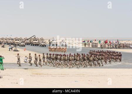 Jubail, Saudi Arabia, 14th Apr, 2018. Soldiers participate in a ceremony show for the 'Gulf Shield Joint Exercise-1' in eastern Saudi Arabia, on April 14, 2018. Troops from 25 countries performed a live-ammunition drill in eastern Saudi Arabia on Saturday, one day before the 29th Arab League Summit. Credit: Meng Tao/Xinhua/Alamy Live News Stock Photo