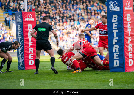 Warrington Wolves's Mike Cooper scores his sides first try  14th April 2018 , The Halliwell Jones Stadium Mike Gregory Way, Warrington, WA2 7NE, England;  Betfred Super League rugby, Round 11, Warrington Wolves v Hull Kingston Rovers