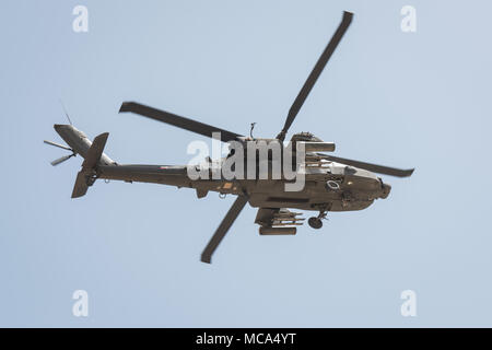 Jubail, Saudi Arabia, 14th Apr, 2018. Photo taken on April 14, 2018 shows a helicopter during a ceremony show for the 'Gulf Shield Joint Exercise-1' in eastern Saudi Arabia. Troops from 25 countries performed a live-ammunition drill in eastern Saudi Arabia on Saturday, one day before the 29th Arab League Summit. Credit: Meng Tao/Xinhua/Alamy Live News Stock Photo